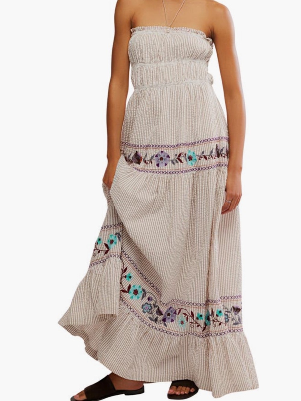 Kalani Stripe Embroidered Halter Neck Cotton Maxi Dress